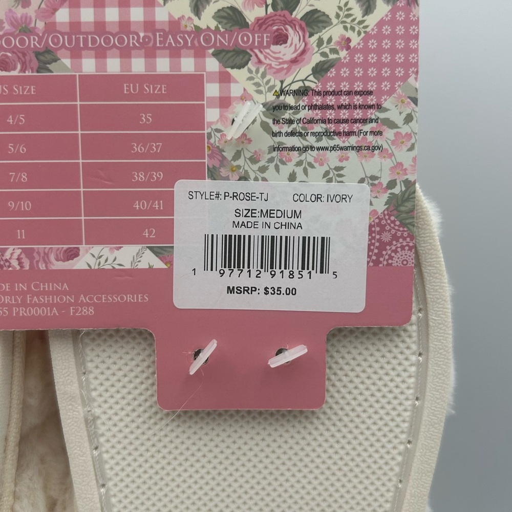 *New* Poppy Rose Ivory Fuzzy Slippers with Colorful Flower/Rose Trim Size 7-8 - Picture 4 of 8